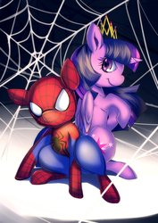 Size: 990x1400 | Tagged: safe, artist:bakki, twilight sparkle, alicorn, pony, g4, twilight's kingdom, crossover, fanfic art, fanfic cover, female, male, mare, peter parker, ponified, spider web, spider-man, spidertwi, the amazing spider-man, twilight sparkle (alicorn)