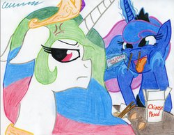 Size: 1014x788 | Tagged: safe, artist:the1king, princess celestia, princess luna, g4, chinese food, chopsticks, fortune cookie, traditional art
