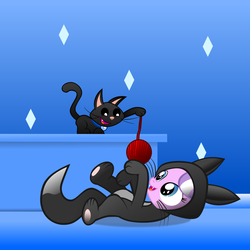 Size: 1635x1635 | Tagged: safe, artist:magerblutooth, diamond tiara, oc, oc:dazzle, cat, earth pony, pony, g4, animal costume, behaving like a cat, cat costume, clothes, fangs, female, filly, on back, whiskers, yarn ball