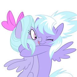 Size: 500x500 | Tagged: safe, artist:hajuya, cloudchaser, flitter, pegasus, pony, g4, cute, cutechaser, duo, eyes closed, flitterbetes, hug, open mouth, simple background, smiling, spread wings