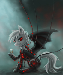 Size: 1280x1524 | Tagged: safe, artist:verard87, oc, oc only, oc:weiss, bat pony, cyborg, pony, bat wings, cup, cyberpunk, glowing, glowing eyes, red eyes, science fiction, solo, wings