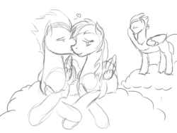 Size: 1374x1026 | Tagged: safe, artist:patch, rainbow dash, soarin', spitfire, g4, bedroom eyes, belly, cloud, eyes closed, facehoof, female, heart, holding hooves, kissing, male, monochrome, pregnant, prone, ship:soarindash, shipping, sketch, smiling, straight