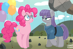 Size: 1920x1280 | Tagged: safe, artist:strangerdanger, maud pie, pinkie pie, earth pony, pony, g4, balloon, bedroom eyes, clothes, dress, duckface, female, how, mare, pie sisters, rock, rock farm, siblings, sisters