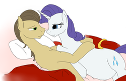 Size: 1263x817 | Tagged: safe, artist:patch, davenport, rarity, earth pony, pony, unicorn, g4, bed, bedroom eyes, belly, colored, crack shipping, cuddling, davenity, duo, eye contact, female, hug, inked, male, mare, on side, pregnant, rariport, shipping, smiling, snuggling, stallion, straight