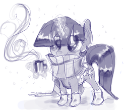 Size: 497x434 | Tagged: safe, artist:deepfriedrainbows, twilight sparkle, g4, clothes, drink, female, levitation, magic, monochrome, mug, scarf, solo, winter