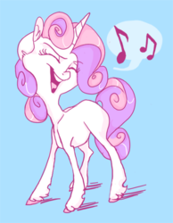 Size: 400x515 | Tagged: safe, artist:deepfriedrainbows, sweetie belle, g4, ear fluff, eyes closed, female, hooves, music notes, singing, solo, speech bubble, unshorn fetlocks