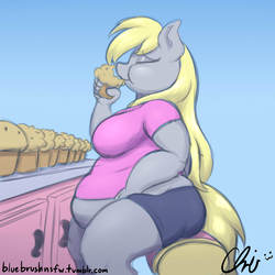 Size: 1280x1280 | Tagged: safe, artist:nekocrispy, derpy hooves, anthro, g4, aderpose, bbw, clothes, derpy taste tester, eating, eyes closed, fat, female, muffin, muffin top, obese, sequence, shirt, shorts, sitting, solo, weight gain, weight gain sequence