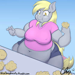 Size: 1280x1280 | Tagged: safe, artist:nekocrispy, derpy hooves, anthro, g4, aderpose, bbw, belly button, clothes, derpy taste tester, fat, female, morbidly obese, muffin, muffin top, obese, sequence, shirt, shorts, solo, weight gain, weight gain sequence