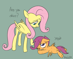 Size: 500x400 | Tagged: safe, artist:hajuya, fluttershy, scootaloo, g4, dialogue, scootaloo can't fly