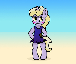 Size: 892x744 | Tagged: safe, artist:gogglesparks, dinky hooves, pony, unicorn, g4, bipedal, blushing, clothes, cute, embarrassed, female, one-piece swimsuit, solo, sukumizu, swimsuit