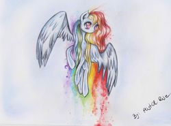 Size: 1906x1411 | Tagged: safe, artist:pastelrise, rainbow dash, g4, female, flying, long mane, solo, traditional art