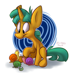 Size: 1155x1207 | Tagged: safe, artist:thedoggygal, snails, pony, snail, unicorn, g4, colt, cute, diasnails, eyebrows, eyebrows visible through hair, foal, male, namesake, sitting, smiling, solo