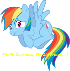 Size: 980x991 | Tagged: safe, artist:sulyo, rainbow dash, g4, arrested development, caption, female, gob bluth, hello darkness my old friend, scared, simon and garfunkel, solo, the sound of silence