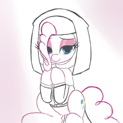 Size: 1000x1000 | Tagged: safe, artist:lemon, pinkie pie, g4, bedroom eyes, eyeshadow, female, hair over one eye, looking at you, nun, praying, sitting, smiling, solo, wimple