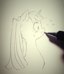 Size: 720x832 | Tagged: safe, artist:kuang-han, twilight sparkle, g4, female, interaction, monochrome, pixiv, solo, traditional art