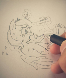 Size: 720x856 | Tagged: safe, artist:kuang-han, princess luna, g4, cute, feeding, female, filly, interaction, lunabetes, monochrome, pixiv, solo, spoon, traditional art, woona