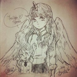 Size: 512x512 | Tagged: safe, artist:joeyhsu_, spike, twilight sparkle, human, g4, horn, horned humanization, humanized, monochrome, pixiv, tailed humanization, traditional art, twilight sparkle (alicorn), winged humanization