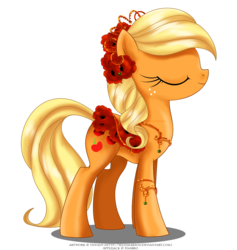 Size: 1280x1350 | Tagged: safe, artist:tiffanymarsou, part of a set, applejack, earth pony, pony, g4, alternate hairstyle, beautiful, concave belly, eyes closed, female, flower, flower in hair, jewelry, may festival, side view, simple background, smiling, solo, standing, transparent background