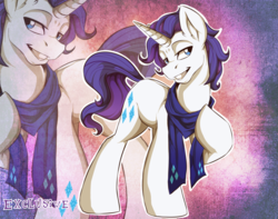 Size: 1350x1066 | Tagged: dead source, safe, artist:rainbowscreen, rarity, g4, clothes, elusive, grin, rule 63, scarf, smiling, solo, zoom layer
