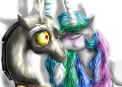 Size: 700x500 | Tagged: safe, artist:notaguitarfret, discord, princess celestia, g4, blushing, cheek kiss, eyes closed, female, kissing, male, ship:dislestia, shipping, smooch, straight