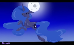 Size: 950x587 | Tagged: safe, artist:fucsia94, princess luna, alicorn, pony, g4, eyes closed, female, flying, moon, night, sky, smiling, solo