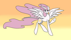 Size: 1024x576 | Tagged: safe, artist:fucsia94, princess celestia, g4, curved horn, female, flying, horn, looking at you, smiling, solo