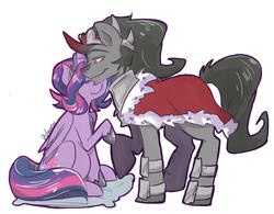 Size: 1250x977 | Tagged: safe, artist:aidmoon, king sombra, twilight sparkle, alicorn, pony, g4, alternate hairstyle, female, male, mama twilight, mare, neck nuzzle, nuzzling, pillow, pregnant, ship:twibra, shipping, sitting, straight, twilight sparkle (alicorn)