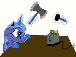 Size: 800x600 | Tagged: safe, artist:xxmarkingxx, princess luna, g4, axe, female, glowing horn, hammer, horn, implied hammers, levitation, magic, on the moon for too long, s1 luna, solo, struggle with technology, toaster