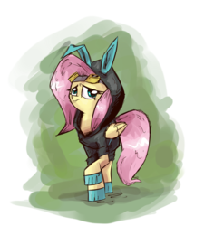 Size: 1258x1395 | Tagged: safe, artist:saturdaymorningproj, fluttershy, pegasus, pony, g4, bunny ears, clothes, dangerous mission outfit, female, goggles, hoodie, mare, simple background, smiling, solo