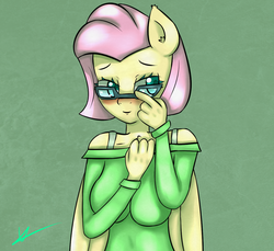 Size: 1200x1100 | Tagged: safe, artist:wolfy-pony, fluttershy, anthro, g4, adorkable, alternate hairstyle, blushing, clothes, cute, dork, female, glasses, lidded eyes, meganekko, short mane, smiling, solo, sweatershy