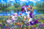 Size: 1000x665 | Tagged: safe, artist:son-trava, rarity, sweetie belle, oc, oc:marussia, earth pony, pony, unicorn, g4, beautiful, color porn, description in comments, duo, fishing, floral head wreath, flower, grass, lake, magic, meadow, nation ponies, outdoors, ponified, prone, russia, scenery, scenery porn, sisters, sitting, water