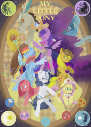 Size: 1020x1415 | Tagged: safe, artist:kuang-han, applejack, derpy hooves, discord, fluttershy, pinkie pie, rainbow dash, rarity, trixie, twilight sparkle, alicorn, pony, g4, arrow, bow (weapon), bow and arrow, cape, clothes, female, mane six, mare, nurse, pixiv, poster, saddle, staff, twilight sparkle (alicorn), weapon