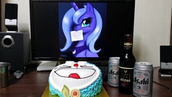 Size: 4128x2322 | Tagged: safe, princess luna, g4, asahi, beer, birthday, cake, japan