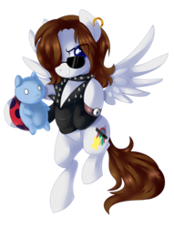 Size: 1024x1339 | Tagged: safe, artist:xnightmelody, oc, oc only, oc:bee chalke, pegasus, pony, catbug, choker, earring, flying, hair over one eye, looking at you, plushie, simple background, smiling, solo, spiked choker, spread wings, sunglasses, transparent background, watch