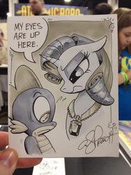 Size: 768x1024 | Tagged: safe, artist:andypriceart, rarity, spike, dragon, pony, unicorn, g4, andy you magnificent bastard, duo, eyes on the prize, female, floppy ears, frown, gem, limited palette, male, mare, my eyes are up here, necklace, nervous, plewds, surprised, sweat, traditional art, unamused, wide eyes