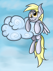 Size: 1500x2000 | Tagged: safe, artist:neoncel, derpy hooves, pegasus, pony, g4, cloud, cloudy, female, hanging, mare, solo