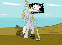 Size: 3508x2552 | Tagged: safe, artist:avastindy, derpy hooves, pegasus, pony, g4, cannon, female, flag, high res, mare, muffin, pirate, pirate derpy, pirate ship, rope, solo, sword