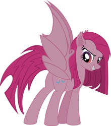 Size: 3282x3727 | Tagged: safe, artist:fluttershy750, pinkie pie, bat pony, pony, vampire, g4, bat ponified, butt, female, grin, high res, looking back, mare, pinkamena diane pie, pinkiebat, plot, race swap, red eyes, simple background, smiling, solo, spread wings, transparent background, vector, wings