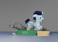 Size: 2800x2000 | Tagged: safe, artist:fishy-pony, soarin', g4, backwards cutie mark, bedroom eyes, crate, grenade, gun, high res, logo, male, old cutie mark, pistol, request, rocket launcher, sleepy, solo, squint, tail wrap, weapon, yawn