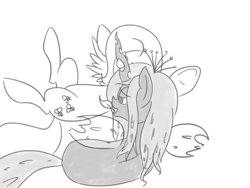 Size: 3200x2400 | Tagged: safe, artist:dumpjaw, fluttershy, queen chrysalis, g4, feather, high res, monochrome, tickling