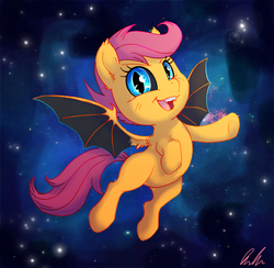 Size: 772x755 | Tagged: safe, artist:c-puff, scootaloo, bat pony, pony, g4, bat ponified, female, race swap, scootabat, scootaloo can fly, solo, space, stars, student of the night