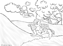 Size: 1755x1275 | Tagged: dead source, safe, artist:owlisun, rainbow dash, g4, bench, cloud, cloudy, female, monochrome, solo, tree