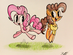 Size: 949x719 | Tagged: safe, artist:pelate, cheese sandwich, pinkie pie, g4, cute, grass, happy, jumping, paper, simple background, thick outline, traditional art