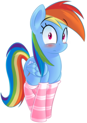Size: 1023x1447 | Tagged: safe, artist:january3rd, rainbow dash, pegasus, pony, g4, blushing, clothes, cute, dashabetes, embarrassed, female, looking at you, mare, nervous, rainbow dash always dresses in style, simple background, socks, solo, striped socks, transparent background, wide eyes