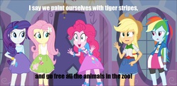 Size: 1024x499 | Tagged: safe, applejack, fluttershy, pinkie pie, rainbow dash, rarity, equestria girls, g4, exploitable meme, hey arnold, meme, pinkie has a crazy idea, reference