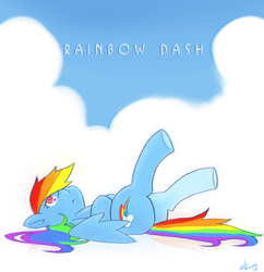 Size: 1174x1215 | Tagged: safe, artist:kuang-han, rainbow dash, pegasus, pony, g4, cloud, female, looking up, lying down, mare, sky, solo, upside down