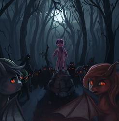 Size: 3000x3053 | Tagged: safe, artist:fruitbloodmilkshake, twilight sparkle, bat pony, pony, vampire, vampony, g4, dark, fanfic art, fangs, forest, glowing eyes, high res, looking at you, meeting, moon, night, race swap, twilight sparkle (alicorn)