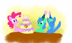 Size: 1600x960 | Tagged: safe, artist:naivintage, pinkie pie, oc, oc:brainstorm, oc:spearmint, pony, g4, birthday cake, cake, twins
