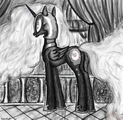 Size: 1106x1080 | Tagged: safe, artist:groovebird, nightmare moon, g4, female, monochrome, solo