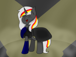Size: 1024x768 | Tagged: safe, artist:manikalu, oc, oc only, oc:velvet remedy, pony, unicorn, fallout equestria, clothes, dress, eyes closed, fallout, fanfic, fanfic art, female, horn, mare, open mouth, smiling, solo